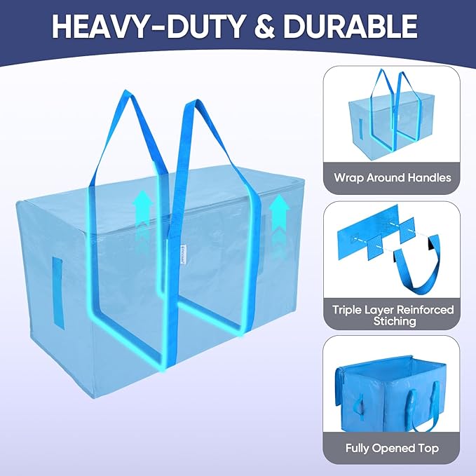 TICONN 2 Pack Extra Large Moving Bags Heavy Duty with Zippers & Carrying Handles, Durable Storage Bags Moving Boxes for Closet Organizers and Storage (2 Pack, Sky Blue) - Image 3