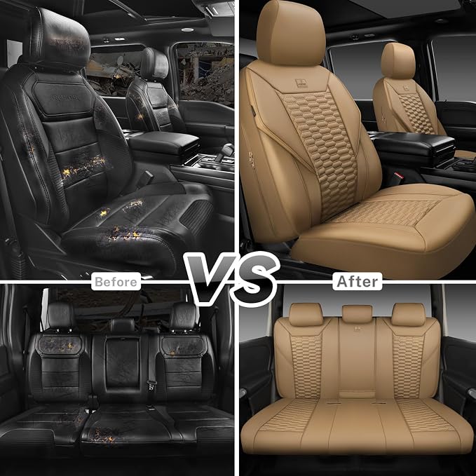 CAR PASS 3D Foam PU Leather Car Seat Covers Full Set,Tan Breathable Faux Leather Seat Covers for Car,Anti Slip Universal Fit for SUVs Vans Sedan Truck Automotive,Armrest Airbag Compatible All Beige - Image 8
