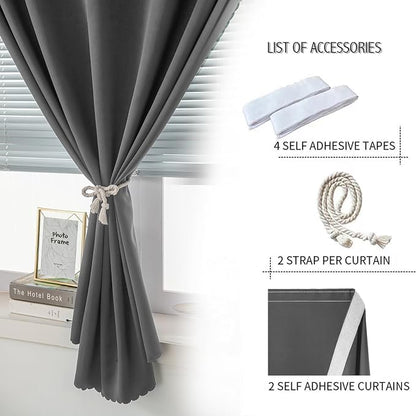 Magic Tape Blackout Curtains for Bedroom No Drillng Self Adhesive Curtains No Rod Small Window, 47" W X 96" L, Grey, 2 Panels - Image 2