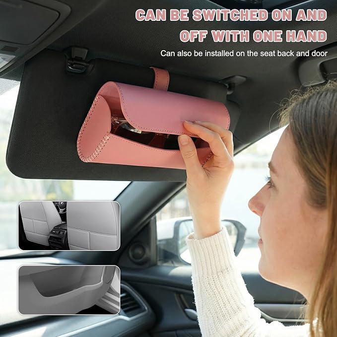 Sunglasses Holder for Car Visor, Auto Sunshade Eyeglasses Storage Case with Hidden Magnetic Closure, PU Leather Sunglass Protective Box for Most Vehicles Sun Visors (Pink) - Image 6