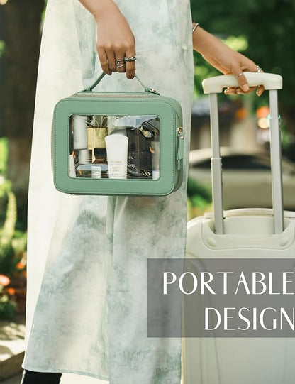 Clear Toiletry Bag 2 Pack, Travel Makeup Bag Medium and Large Green | Structured Clear Cosmetic Case with Zipper, Car Essential Organizer Bag for Women, Waterproof PU Leather, Wide Open Portable - Image 3