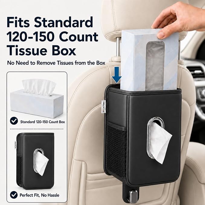 Witaxima Multifunction Leather Car Tissue Holder with Headrest Hook 2 Pack | Car Small Trash Can & Seat Back Organizer PU Leather kleenex holder for 120-150 Tissues Keep Car Tidy, Black - Image 4