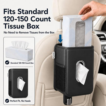 Witaxima Multifunction Leather Car Tissue Holder with Headrest Hook 1 Pack | Car Small Trash Can & Seat Back Organizer PU Leather kleenex holder for 120-150 Tissues Keep Car Tidy, Black - Image 4