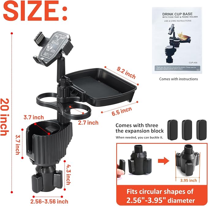 Car Large Cup Holder Expander, 5-in-1 Cupholder Extender with Phone Holder & Swivel and Detachable Snack Food Tray Table for Eating, Travel Essentials for Road Trips for Driver. Model C - Image 7