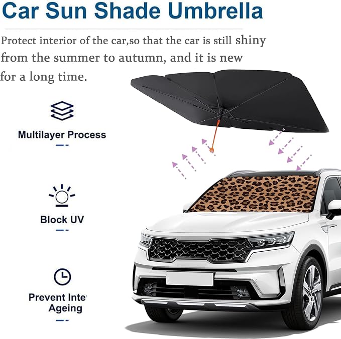 Socira Leopard Print Car Windshield Sunshade Umbrella, 57" x 30" | Blocks UV Rays Keeps Car Cool Foldable Compatible with Most Cars Trucks SUVs Umbrella Sun Shade Cover Sunshade Accessories - Image 4