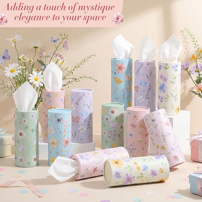 Outus 12 Pcs Floral Car Tissue Holder Cylinders with 3 Ply Facial Tissue Bulk, Portable Paper Dispenser for Cup Holder, Travel Bathroom Table Decor, Tissues Boxes Container for Home Office Party - Image 4