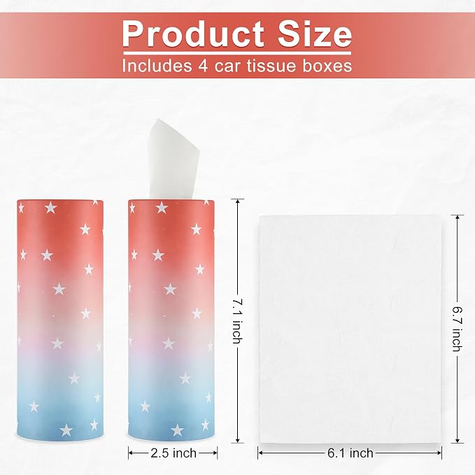 SINGARO Car Tissue Holder, 4 Pack Car Cup Holder Facial Tissues with Travel Tissue Bag, Quick and Convenient Flower Combination Box(4 Canisters/200 Tissues) American Flag - Image 2