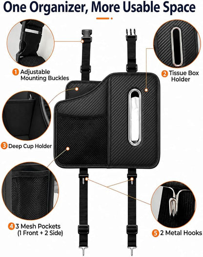 Car Tissue Holder, Leather Back Seat Organizer with Cup Holder & 2 Hooks | | Fits 100-160 Count Tissue Boxes, Keeps Drinks & Small Items Within Reach,3 Storage Pockets, Secure Headrest Mount - Image 3