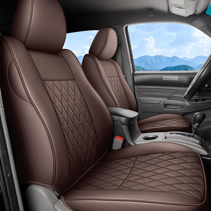 Coverado Tacoma Seat Covers, Leather Front Car Seat Covers for Toyota Tacoma, Car Seat Protector Compatible with 2005-2023 Toyota Tacoma Double/Crew Cab(Brown) by COVERADOAUTO
