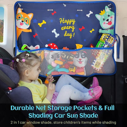 DIZA100 2 Pack Car Window Shade for Baby, Blackout Car Sun Shades with Storage Pockets, 7 Suction Cups, Blue, Cute Patterns for Sun/Heat/UV Rays Protection, Standard Passenger Cars - Image 2