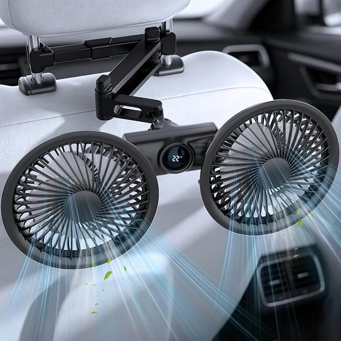 Pelidox Car Fan for Backseat - 3 Speeds 360° Rotation Dual Head USB Back Seat Cooling Fan Kids Baby Quiet Fan with LED Display for Almost Vehicle Jeep Van RV Truck by Unknown