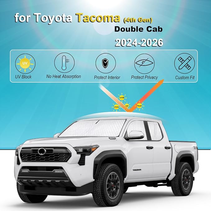 KMF Car Sun Shades for Toyota Tacoma Double Cab 2024 2025 2026 Accessories,Thickened Full Car Window Covers Sunshade for Windshield Side Rear, UV Block and Blackout Privacy for Camping Outdoor 6pcs - Image 2