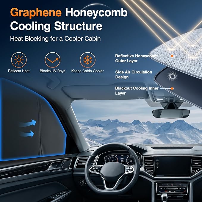 Custom Fit Volkswagen Atlas Side Window Sun Shade 2018-2022, Rear 7PCS Set | Graphene honeycomb heat blocking fabric, embedded no-suction setup, no magnets, blackout privacy, folds for family road trips - Image 3
