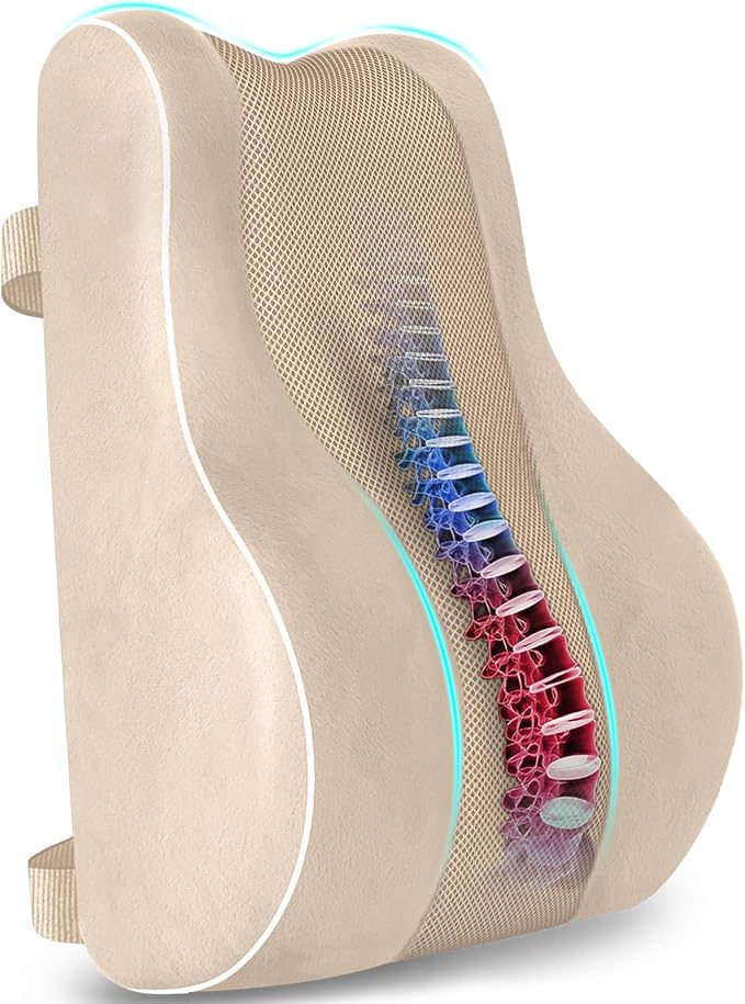 CloudBliss XL Lumbar Support Pillow, Memory Foam for Office Chair, Khaki | Ergonomic High-Density Memory Foam, Adjustable Straps, Washable Mesh Cover, Lower Back Support for Office, Gaming & Car Seat by CloudBliss
