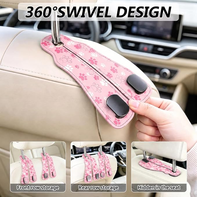 Cute Pink Paw Car Seat Back Storage Headrest Hooks for Purses & Bags – 2PCS PU Leather Dual Metal Hooks, Backseat Organizer Accessories - Image 4