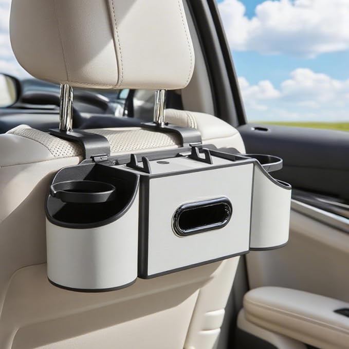 Back Seat Car Organizer,4 in 1 Multifunctional Car Back Seat Storage Box with Drink Cup Holder Tissue Box, for Hold Phone,Snacks, Drinks, Handbag-White by Joezhe