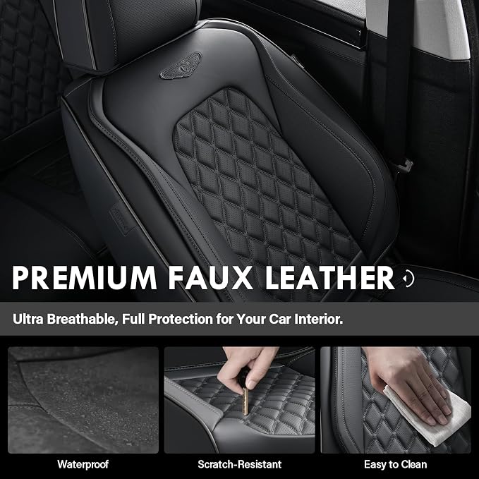 Coverado Full Set Car Seat Covers, Black Leather Seat Protectors, Luxury Front & Back Car Seat Covers,Waterproof Universal Fit, Automotive Seat Covers for Most Cars-Black - Image 6
