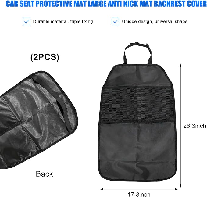 2 PCS Back Seat Cover for Kids, Car Kick Mat Seat Protector with 2 Storage Pockets, Premium Water Resistant Backseat Kick Mats Protect Vehicle from Dirt, Mud, Scratches - Image 2