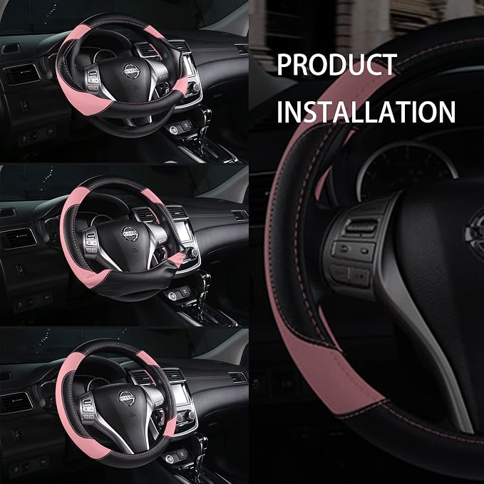 Leather Car Steering Wheel Cover, Universal Fit for Most Cars, Pink | Microfiber Leather,Non-Slip Breathable Auto Steering Wheel Protector - Image 7