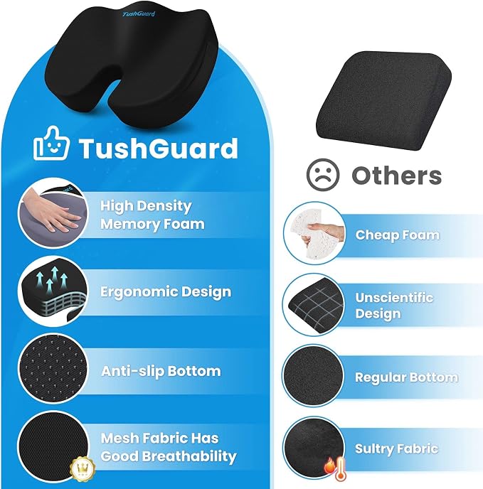 Seat Cushion for Office Chair, Memory Foam Chair Cushion, Black | Office Chair Cushion for Car, Airplane - Chair Pad, Butt Pillow for Long Sitting Sciatica, Hip, Coccyx,Tailbone Pain Relief - Image 4