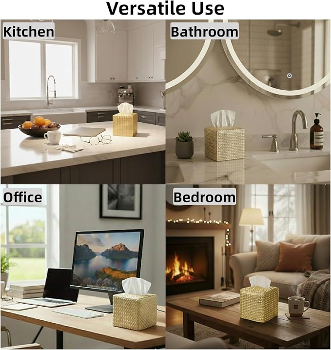 Tissue Box Cover 2-Pack, Square Tissue Holder with Bottom Belt, Modern Tissue Case Facial Paper Organizer Dispenser for Bathroom, Office, Home, Table, Car, Woven Pattern Golden - Image 5