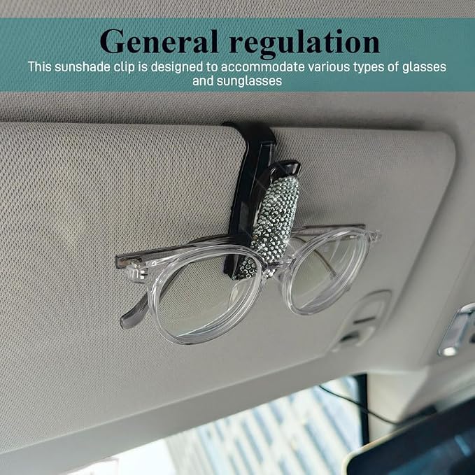 2PCS Glasses Holders for Car Sun Visor, Fashion Bling Crystal Rhinestones Car Eyeglasses Sunglasses Hanger Mount with Ticket Card Clip, Universal Vehicle Visor Accessories for Women Men (Bright black) - Image 5