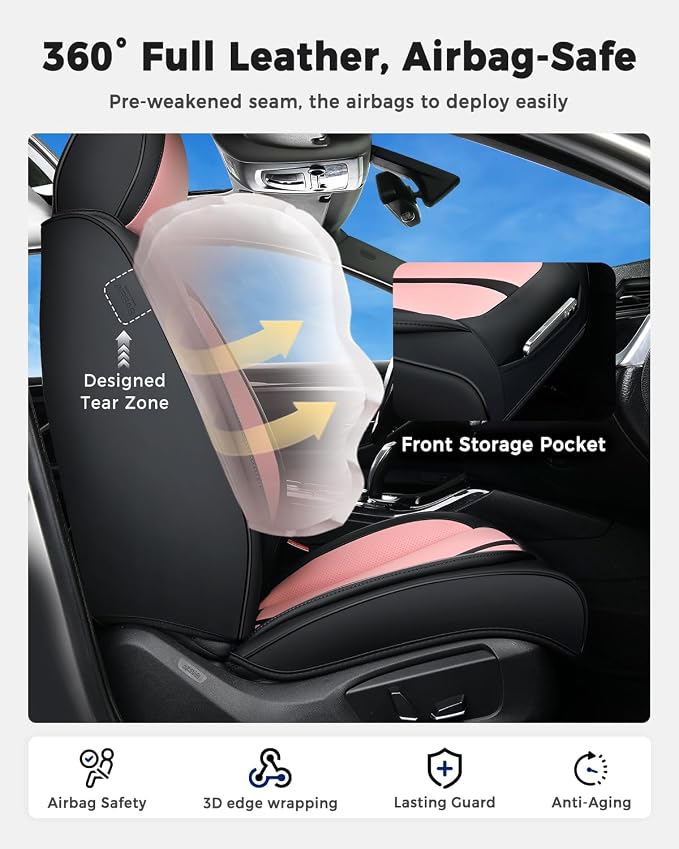Huidasource Seat Covers Full Set Luxury Nappa Leather, Seat Covers with Velcro Adjustable, Airbag, Lumbar Support, Cooling＆Heating, Car Seat Cover Set Universal Fit for Most Cars SUV Trucks Black＆Pink - Image 4
