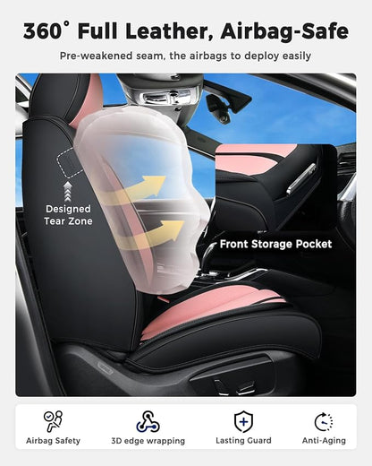 Huidasource Seat Covers Full Set Luxury Nappa Leather, Seat Covers with Velcro Adjustable, Airbag, Lumbar Support, Cooling＆Heating, Car Seat Cover Set Universal Fit for Most Cars SUV Trucks Black＆Pink - Image 4