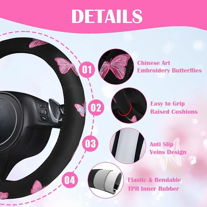 CAR PASS Embroidery Butterfly Steering Wheel Cover and Waterproof Car Floor Mats,Pink Car Mats 14.5-15inch Steering Wheel Covers Universal Fit for Cars, Suvs,Sedans,Van,for Women Girl(Black and Pink) - Image 6