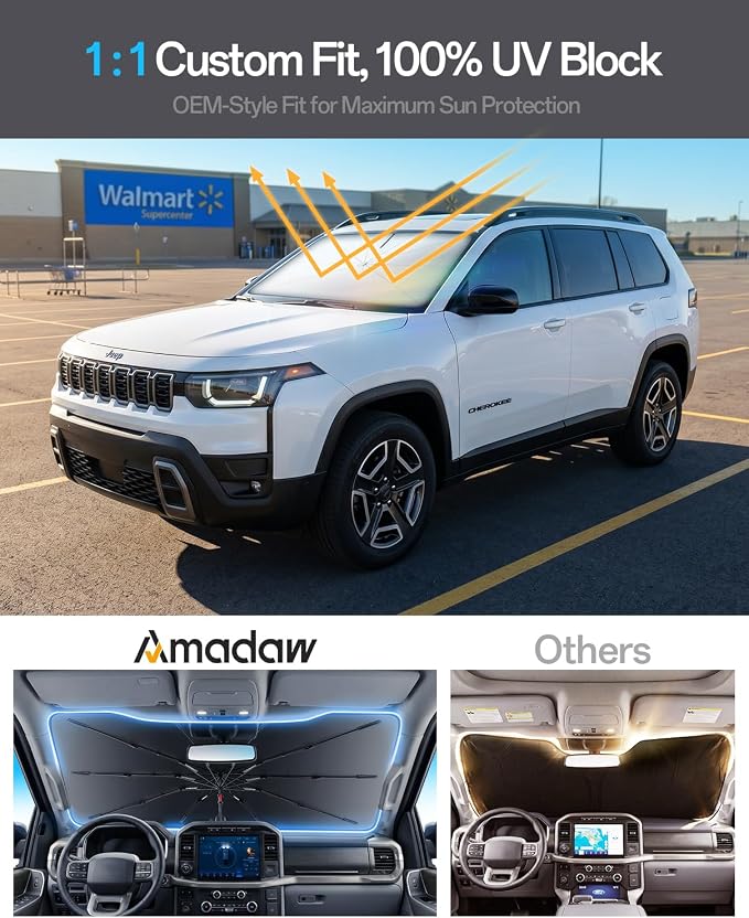 Windshield Sun Shade for Jeep Cherokee 2001–2023, Foldable Umbrella Sunshade with 100% UV Block, Multi-Layer Heat Insulation, Reinforced 10-Rib Frame, Keeps Car Cooler, Summer Car Accessory - Image 3