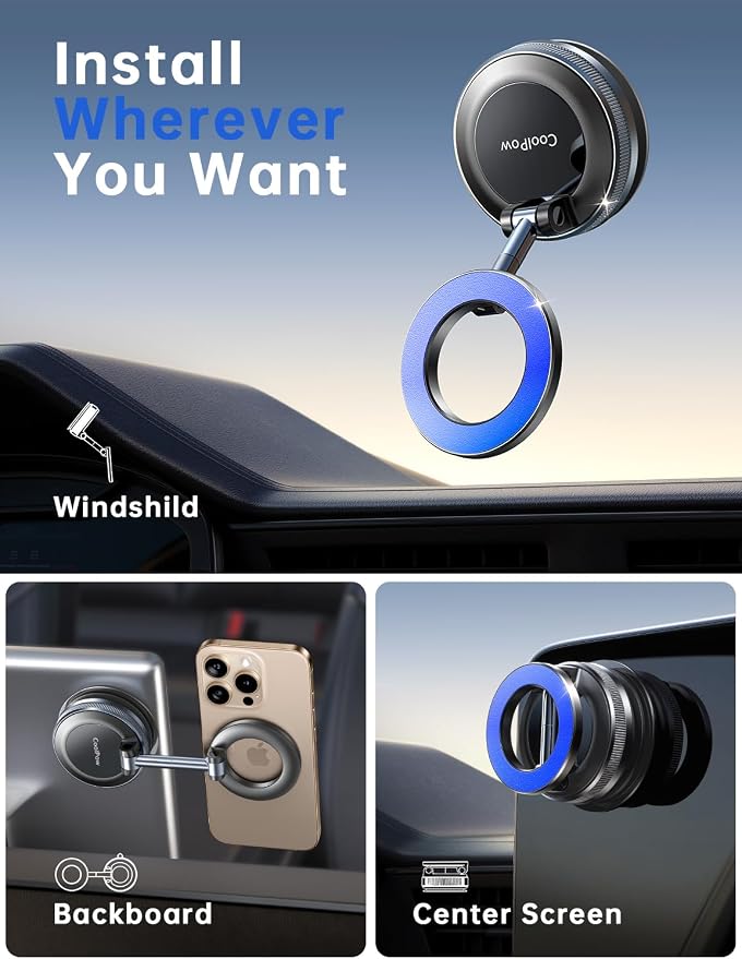 Coolpow【Newest Vacuum Magnetic Phone Holder for Car Phone Holder Mount【Movable Vacuum Suction】 Magsafe Car Mount Cell Phone Holders for Your Car Accessories for Women Men for iPhone 17 16-Blue | 【26 x N58 Magnets】360° Rotation, Magnetic Car Phone Holde... - Image 2