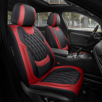 FREESOO Car Seat Covers Full Set Faux Leather Universal Fit Black Red | faux nappa leather seat covers, waterproof breathable, full set lumbar support, front rear covers, fit sedans suvs pickups by FREESOO