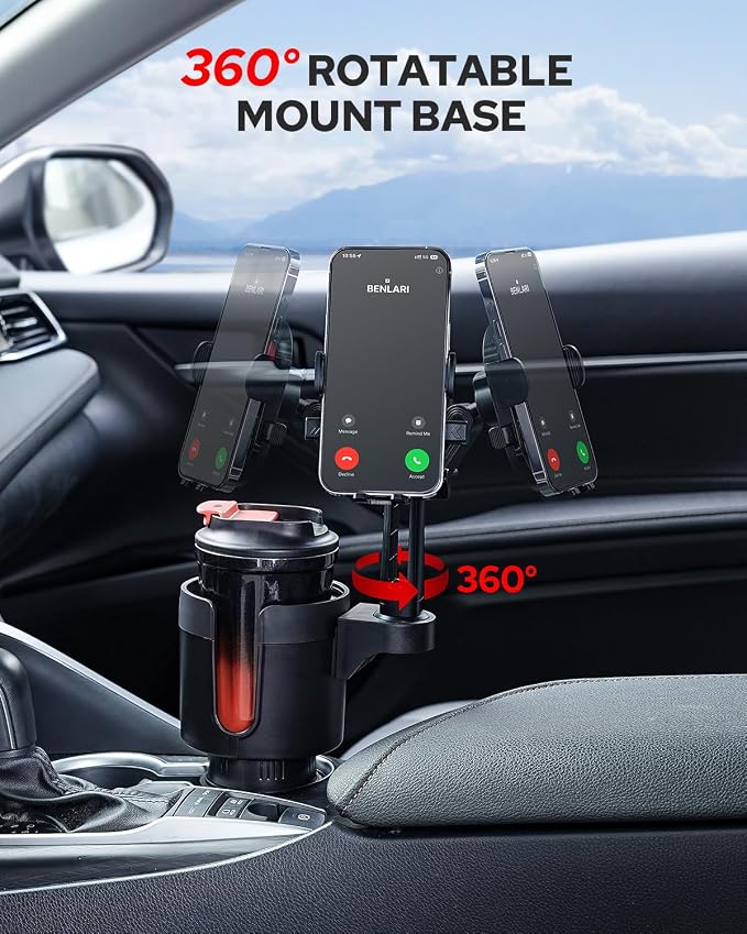 Upgraded Car Phone Holder - 2 in 1 Adjustable Cup Holder Expander Support 360° Degree Rotation - Car Cup Holder Phone Mount Compatible with All Smartphones - Image 5