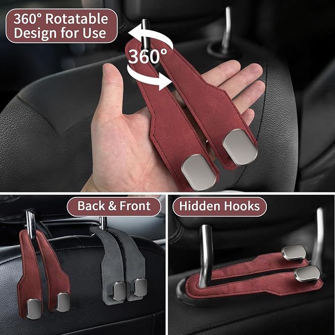Car Purse Hook, Car Seat Headrest Hooks, Hot Pink Leather 4 Pack | Car Purse Holder Hooks, Universal Car Hangers Seat Back Organizer Storage, Double Metal Hooks for Grocery Purses and Bags - Image 3