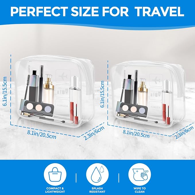 AURUZA 2 Pack Travel Toiletry Bag, Clear Makeup Bag, TSA Approved Cosmetic Bag with Zipper, Clear Organizer Carry on Bag for Women, PVC Cosmetic Pouch - Image 2
