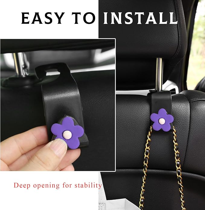 Yourkar 4 PCS Car Seat Headrest Hook, Plastic Headrest Hooks with Adhesive Flower, Auto Back Seat Hanger Storage Hook for Grocery Bag Purse Handbag Umbrella, Car Accessories (Purple) - Image 4