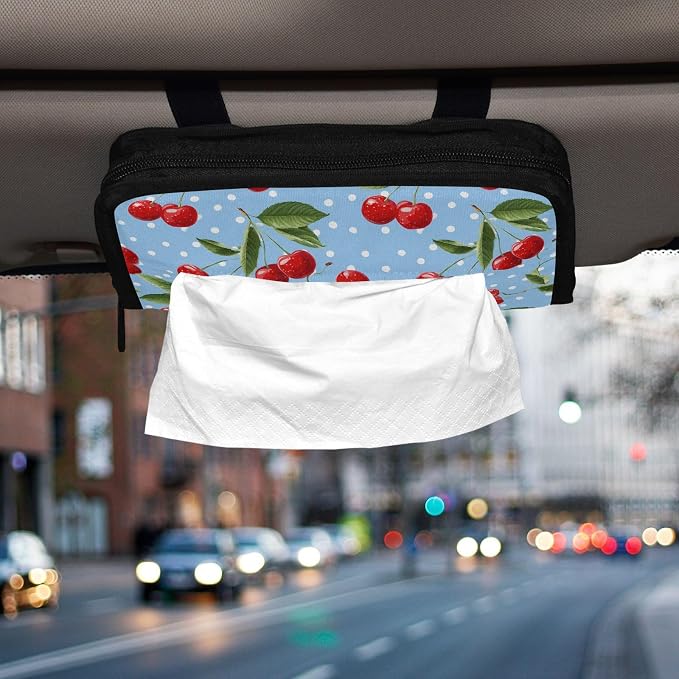 Car Tissue Holder Car Napkin Holder Car Tissue Box Dispenser Storage Case Sun Visor Mask Holder with Adjustable Straps Reusable Refillable Light Blue Dots Red Cherry - Image 6
