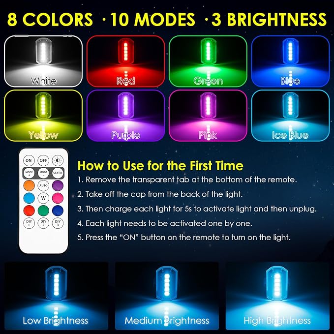Upgraded 6PCS Wireless Strobe Lights for Car Motorcycle Bike Remote Bright 5 LEDs Anti Collision Lighting USB-C Rechargeable RGB Mini Exterior Warning Flashing Interior Ambient Light IP67 Waterproof - Image 4