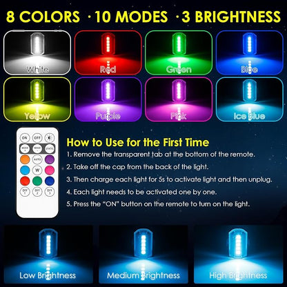 Upgraded 6PCS Wireless Strobe Lights for Car Motorcycle Bike Remote Bright 5 LEDs Anti Collision Lighting USB-C Rechargeable RGB Mini Exterior Warning Flashing Interior Ambient Light IP67 Waterproof - Image 4
