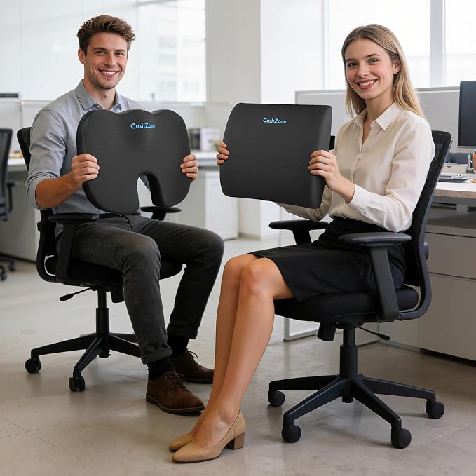 CushZone X-Large Seat Cushion and Lumbar Support Pillow for Office, Grey | Thick Memory Foam for Sciatica Pain Relief & Posture Correction, Non-Slip Chair Cushions for Car, Wheelchair and Travel - Image 4