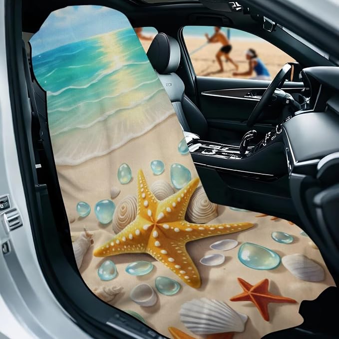 Beach Starfish Car Seat Towel Cover Auto Front Seat Towel Cover | Universal Non Slip Waterproof Sweat Protector with Storage Bag Ocean Starfish Car Interior Accessories Running Gym Yoga Towel - Image 2
