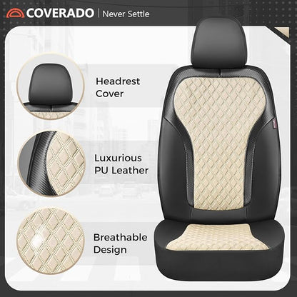 Coverado Front Seat Covers, 2-Pack Luxury Diamond Leather Car Seat Cover with Carbon Fibre Weave Design, Waterproof Car Seat Protectors, Black&Beige Driver Seat Covers Universal Fit for Cars Trucks - Image 5
