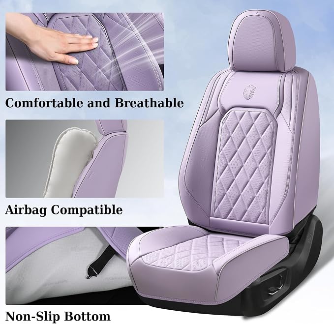 Coverado Car Seat Covers Full Set, Purple Leather Seat Covers for Cars, Luxury Front and Back Car Seat Protector, Universal Waterproof Car Seat Cover, Automotive Seat Covers Fit for Most Cars, Purple - Image 5