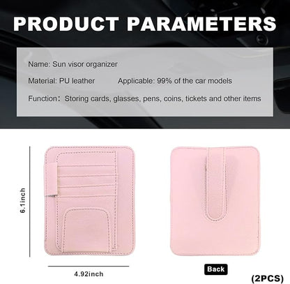 Dickno 2PCS Small Leather Car Sun Visor Organizer, Multifunctional Auto Visor Document Holder with Sunglasses Clip, Universal Car Interior Organizer for Drving License, Card, Pen (Pink) - Image 2