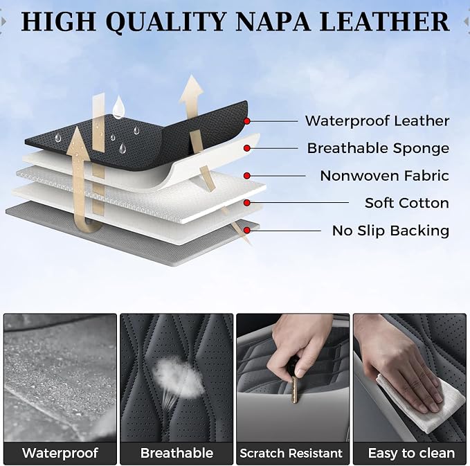 Coverado Seat Covers FullSet, 5 Seats Car Seat Protector, Waterproof Nappa Leather Cushion, Front & Rear Fit for Most Sedans SUV Pick-up Truck-Gray&Black - Image 8