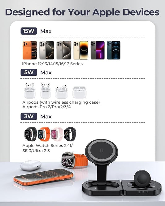 Wireless Charger for iPhone, 3-in-1 Magnetic Charging Station for Apple, MagSafe Charger Stand for iPhone 17 Air 16 15 14 13 12 Series, Airpods Pro, Apple Watch Ultra, Foldable, No Adapter, Black | Compatible with iPhone 17 Air 16 15 14 13 12 Series, A... - Image 2