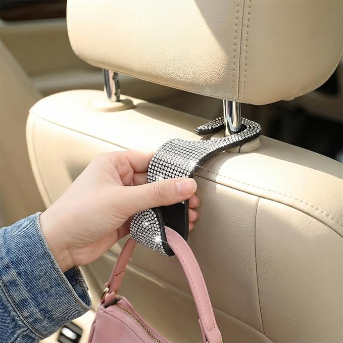 4PCS Bling Car Seat Headrest Hooks, Crystal Rhinestone Vehicle Back Seat Hanger Holder, Auto Interior Headrest Hanging Storage Organizer for Purse Handbag Coat, Universal Fit (AB Color) - Image 6