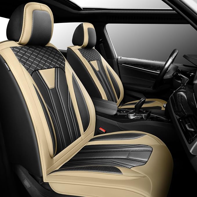 Fit Murano Car Seat Covers Premium Leather for Nissan Murano 2007-2025 2026. Waterproof， Breathable, Scratch-Resistant & All-Weather Seat Cushion Protector（2 Front Seats,Beige&Black by Unknown