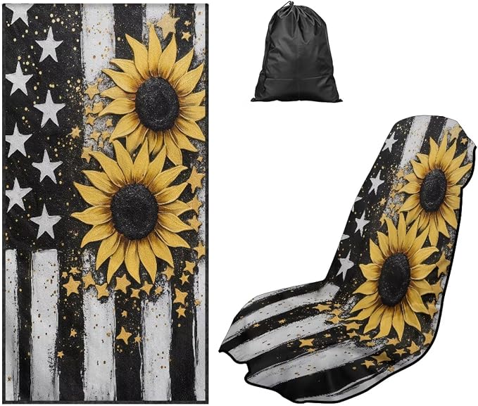 American Flag Sunflower Towel Seat Covers for Cars Front Seat Only Sunflowers Car Seat Cover Protector with Storage Bag American Flag Auto Interior Accessories 4Th of July Sweat Yoga Towel by YMPUDXFI