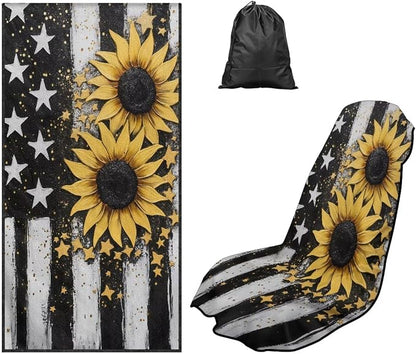 American Flag Sunflower Towel Seat Covers for Cars Front Seat Only Sunflowers Car Seat Cover Protector with Storage Bag American Flag Auto Interior Accessories 4Th of July Sweat Yoga Towel by YMPUDXFI